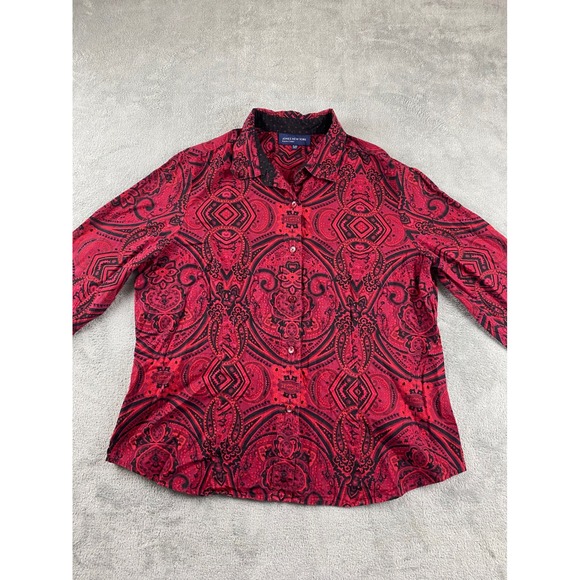 Jones New York Signature Red Black Paisley Button Up Top Blouse XL - Picture 2 of 11